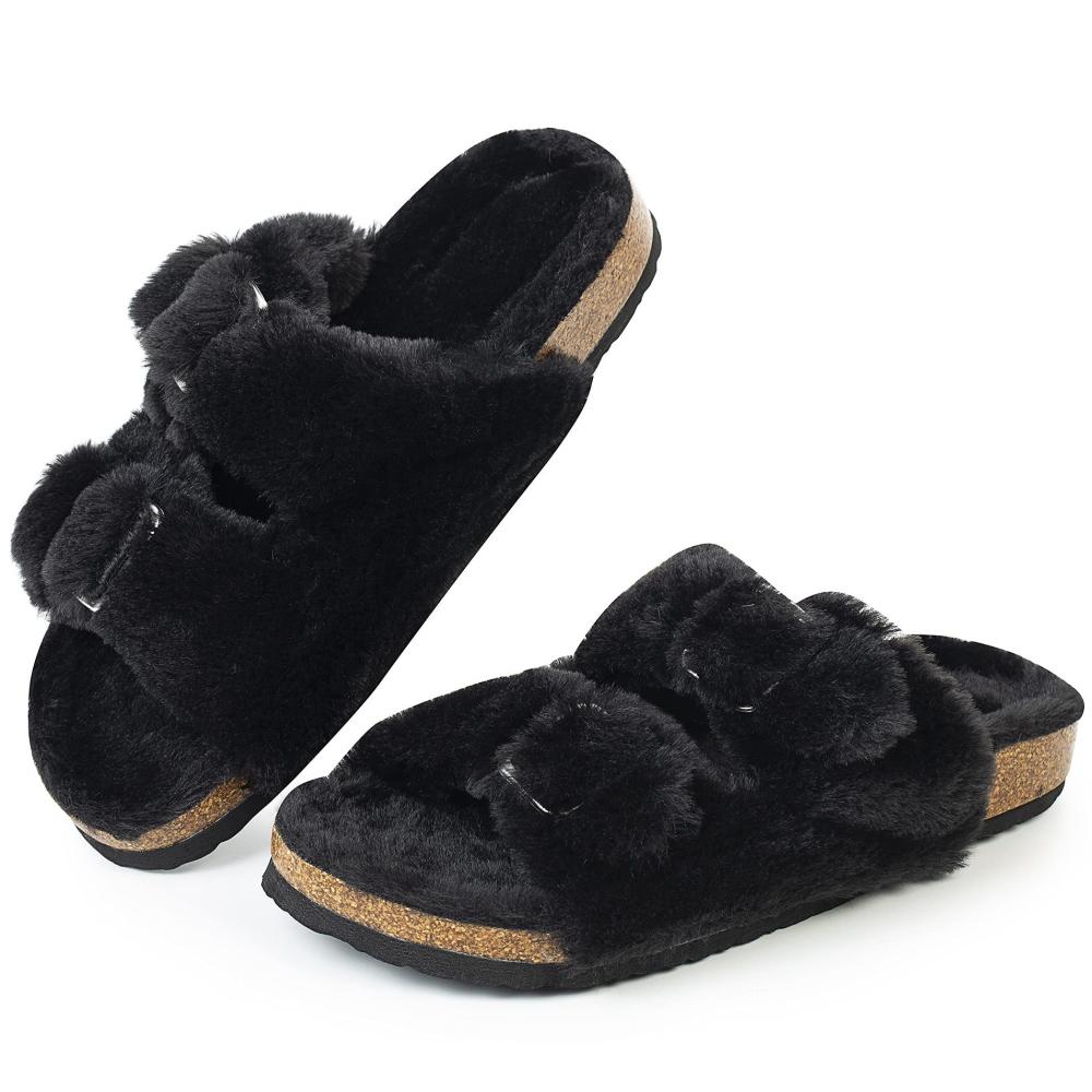 Arizona Big Buckle Shearlingshearling Teddy Black |  Womens Two-Strap Sandals