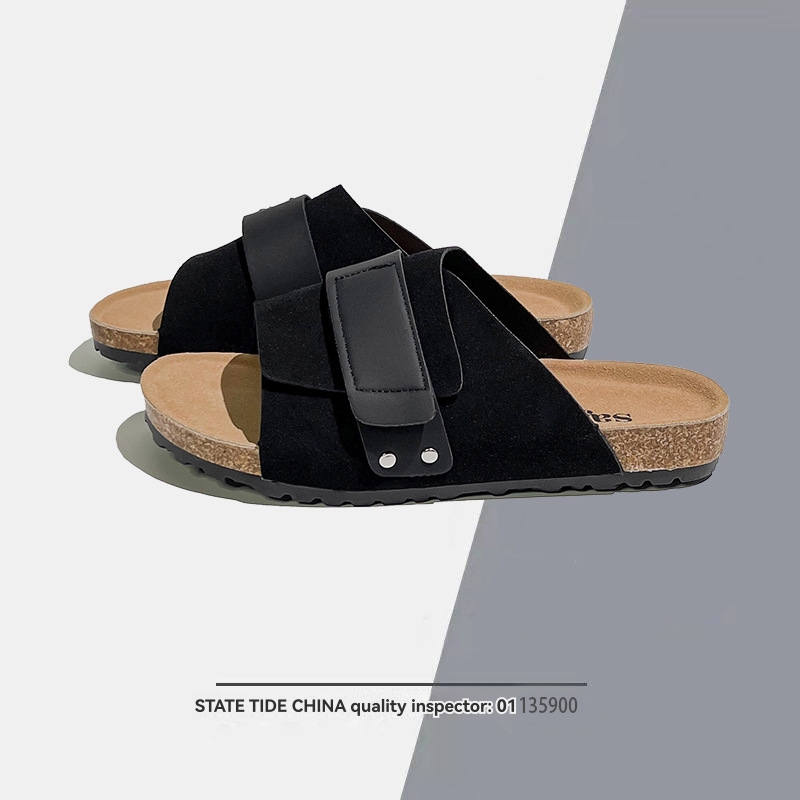 Kyotonubuck-Suede Leather Stone Coin |  Womens/Mens One-Strap Sandals